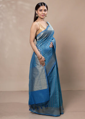 Blue Kora Silk Saree With Blouse Piece