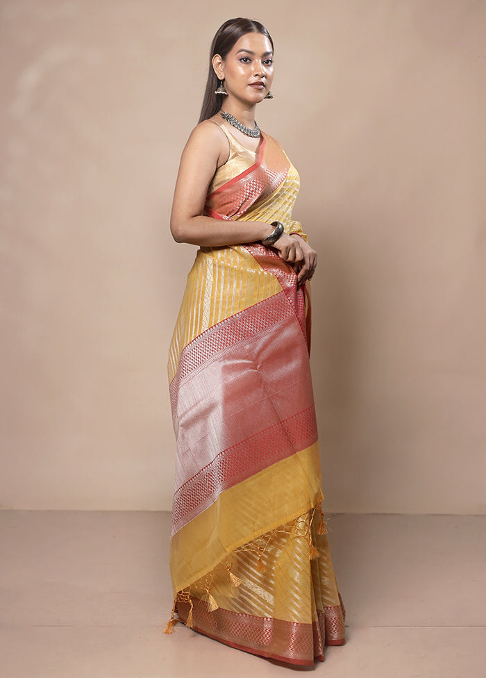 Yellow Kora Silk Saree With Blouse Piece