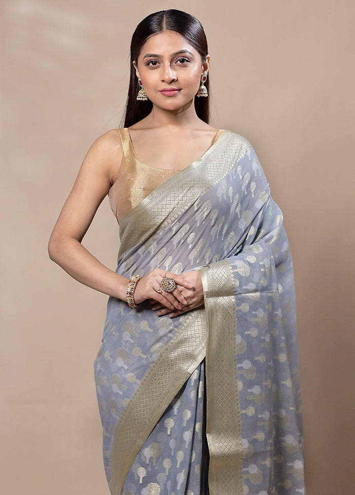 Grey Kora Silk Saree With Blouse Piece