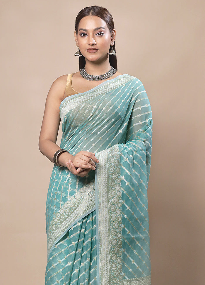 Sky Blue Kora Silk Saree With Blouse Piece