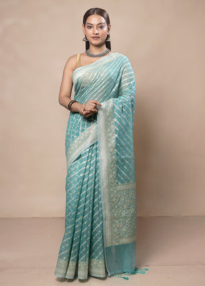 Sky Blue Kora Silk Saree With Blouse Piece