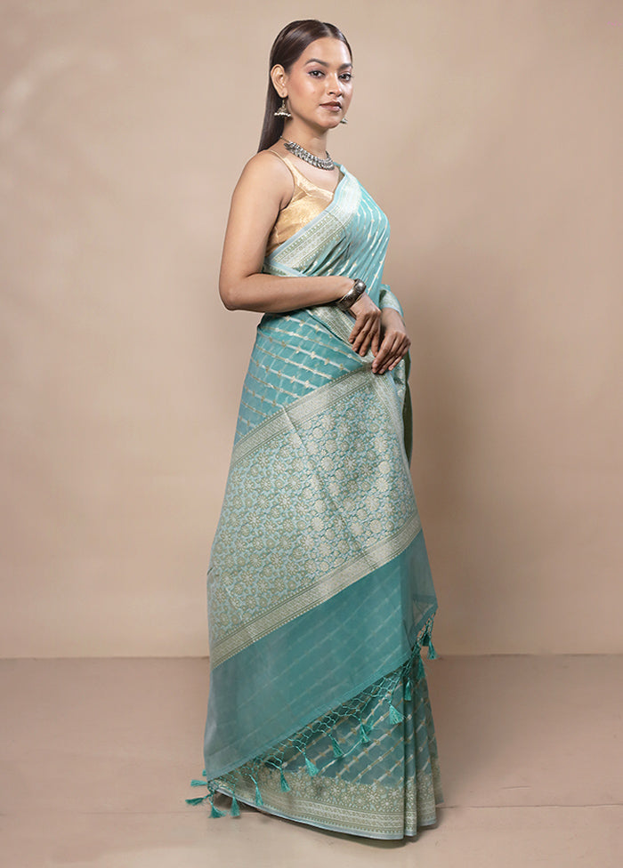 Sky Blue Kora Silk Saree With Blouse Piece