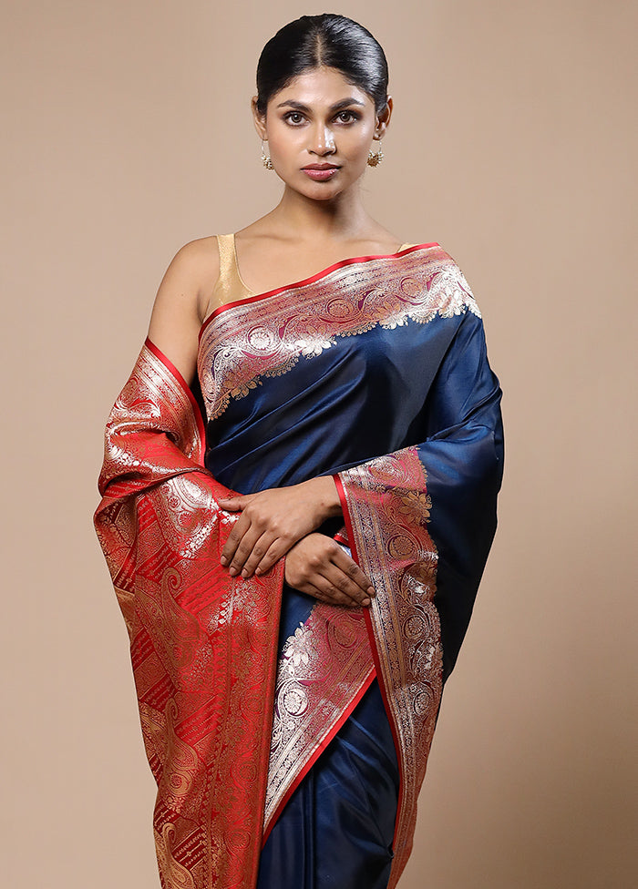 Blue Banarasi Silk Saree With Blouse Piece