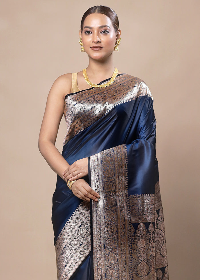 Navy Blue Banarasi Silk Saree With Blouse Piece