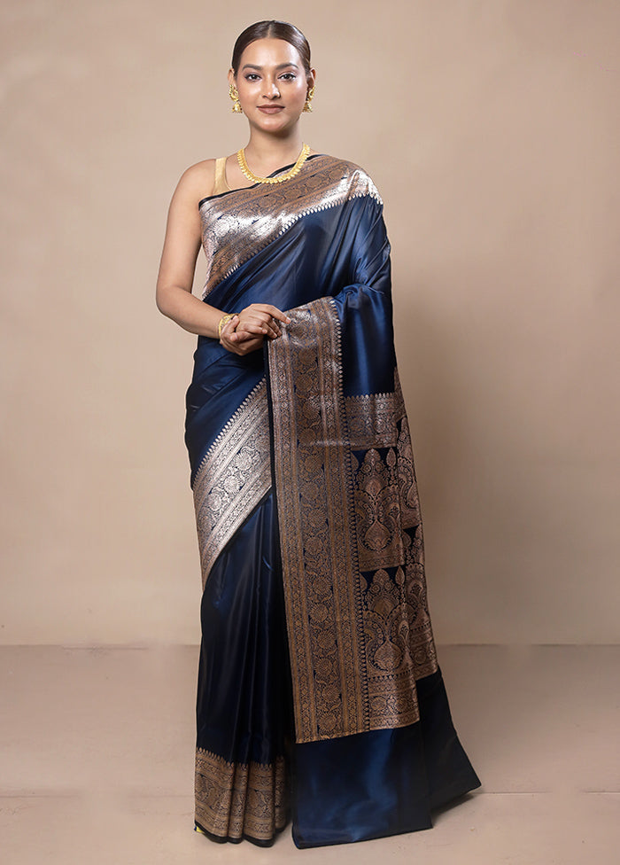 Navy Blue Banarasi Silk Saree With Blouse Piece