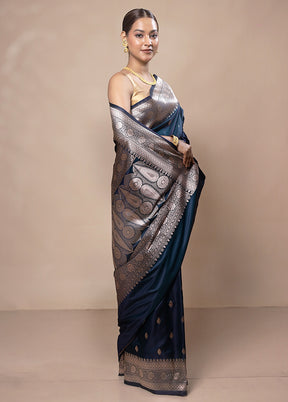 Navy Blue Katan Silk Saree With Blouse Piece