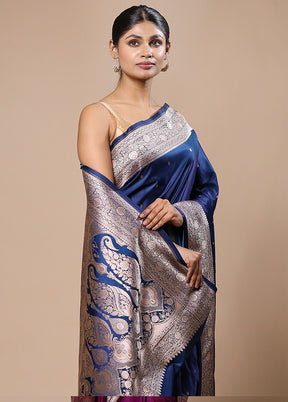 Blue Katan Silk Saree With Blouse Piece