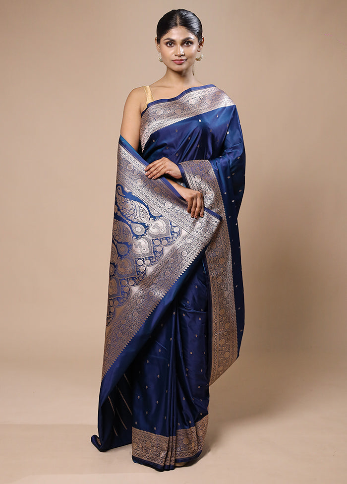 Blue Katan Silk Saree With Blouse Piece