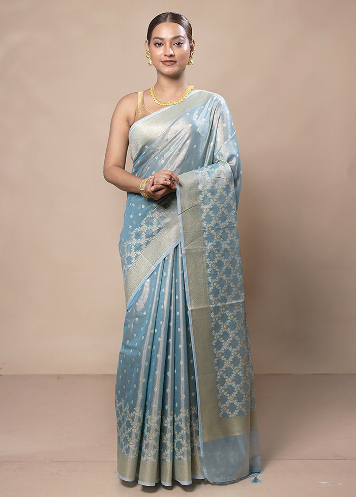 Sky Blue Tissue Silk Saree With Blouse Piece