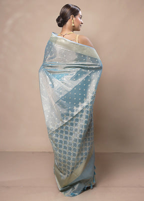 Sky Blue Tissue Silk Saree With Blouse Piece