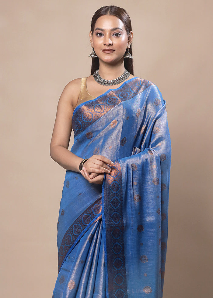 Blue Tissue Silk Saree With Blouse Piece