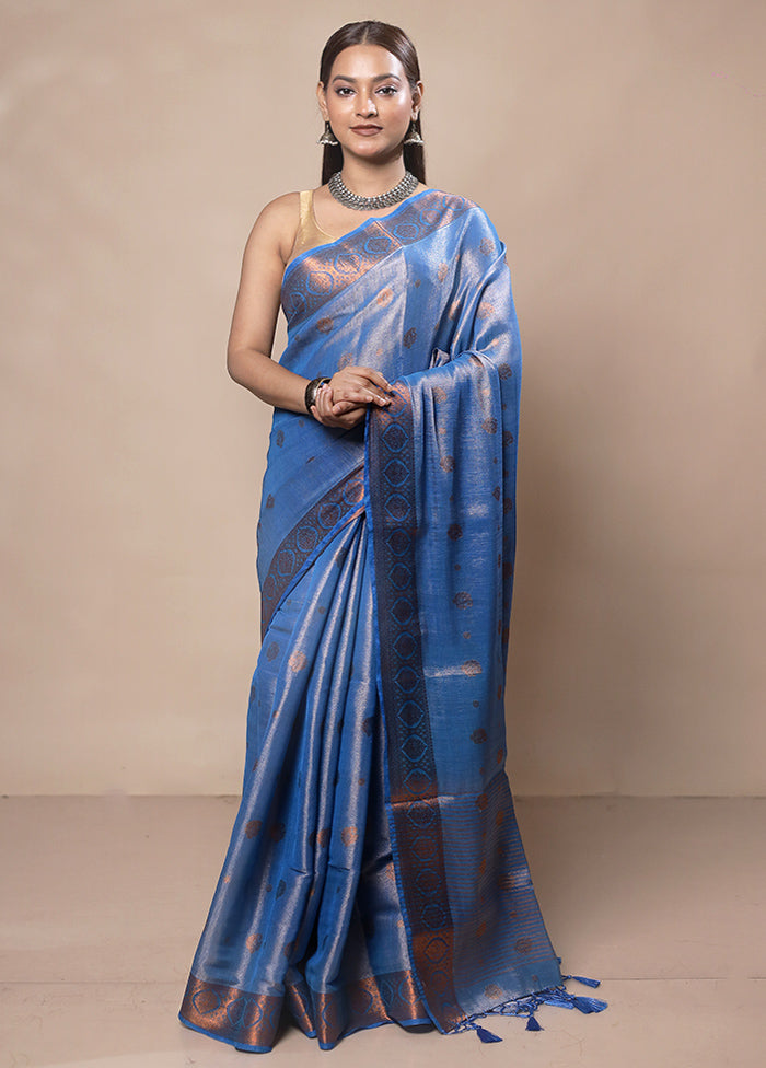 Blue Tissue Silk Saree With Blouse Piece