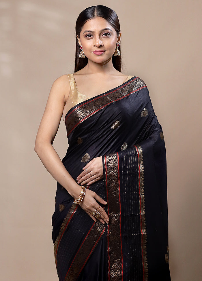 Black Dupion Silk Saree With Blouse Piece