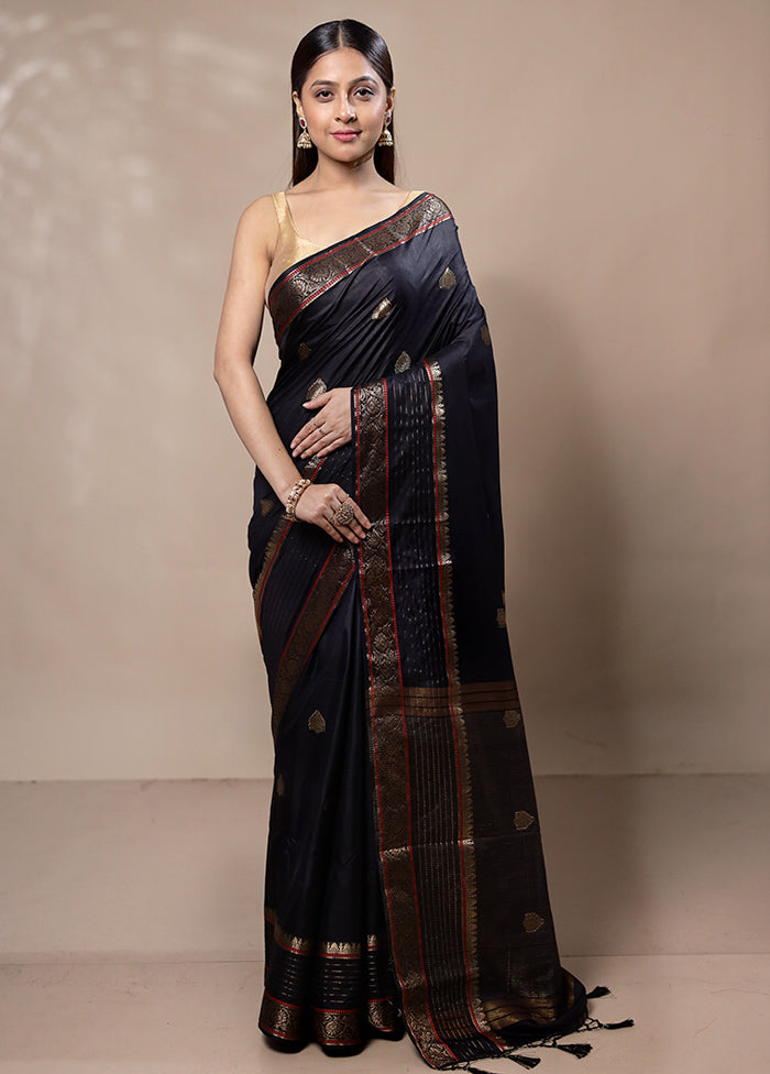 Black Dupion Silk Saree With Blouse Piece