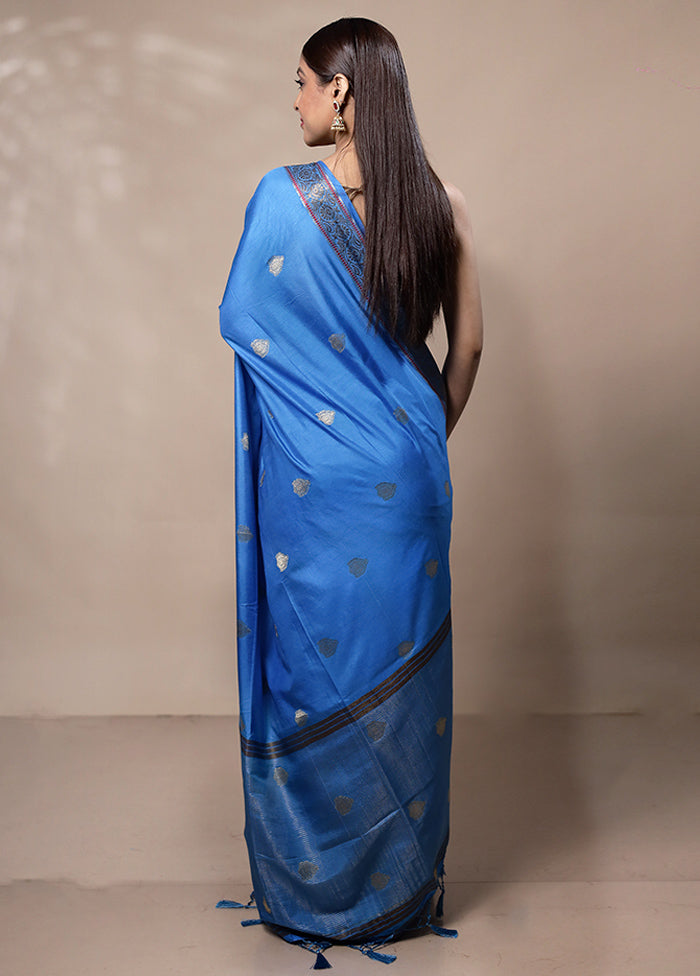 Blue Dupion Silk Saree With Blouse Piece