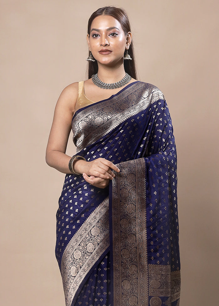 Navy Blue Dupion Silk Saree With Blouse Piece