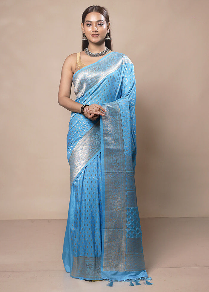 Blue Dupion Silk Saree With Blouse Piece