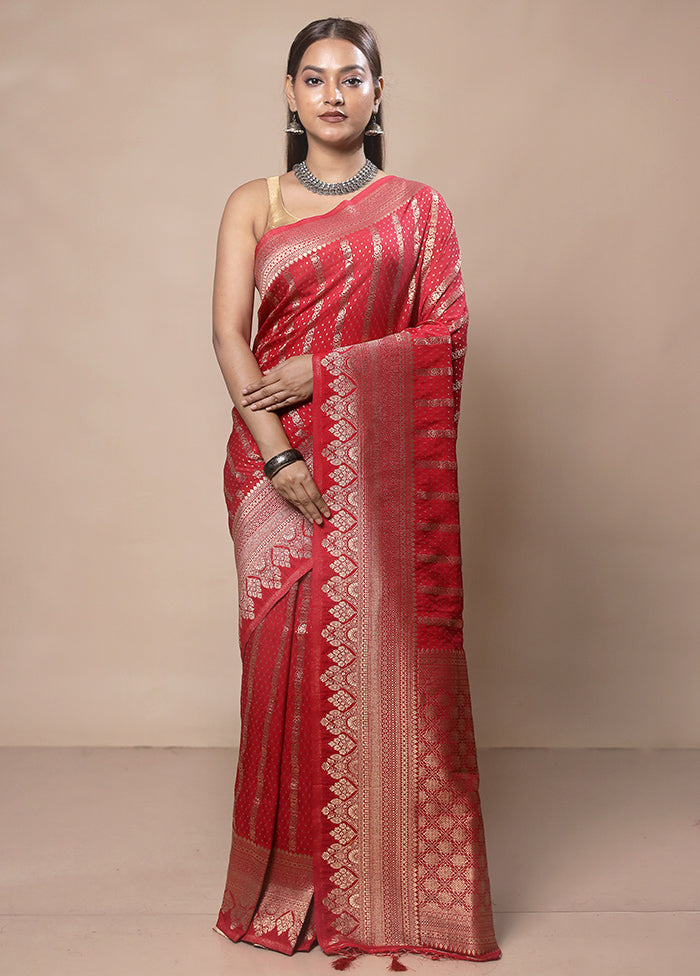 Red Dupion Silk Saree With Blouse Piece