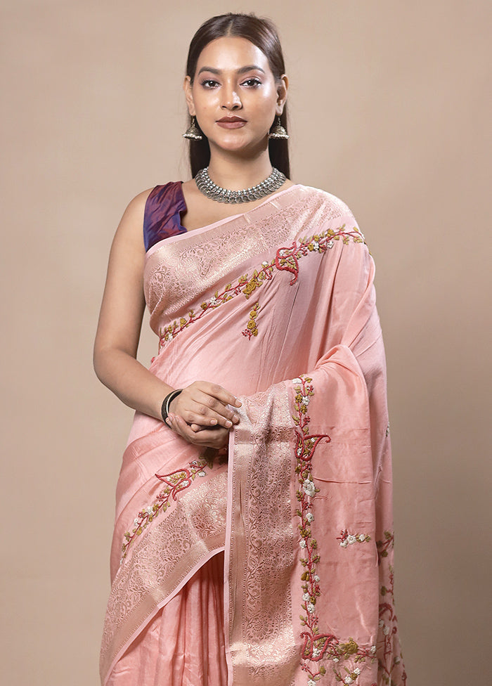 Peach Tussar Silk Saree With Blouse Piece