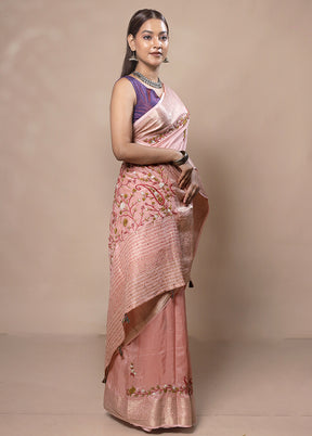 Peach Tussar Silk Saree With Blouse Piece