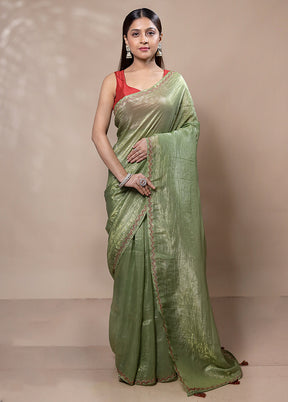 Green Crushed Tissue Silk Saree With Blouse Piece