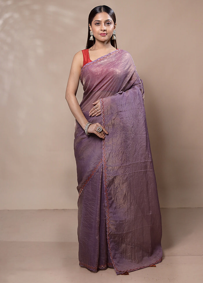 Purple Crushed Tissue Silk Saree With Blouse Piece