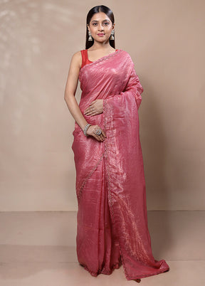 Pink Crushed Tissue Silk Saree With Blouse Piece