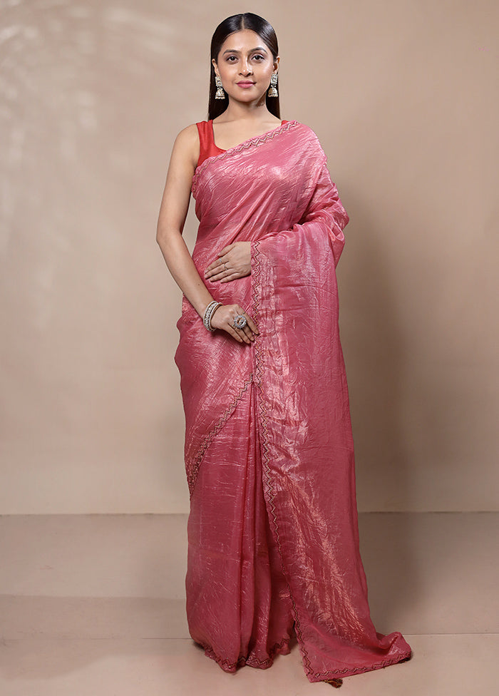 Pink Crushed Tissue Silk Saree With Blouse Piece