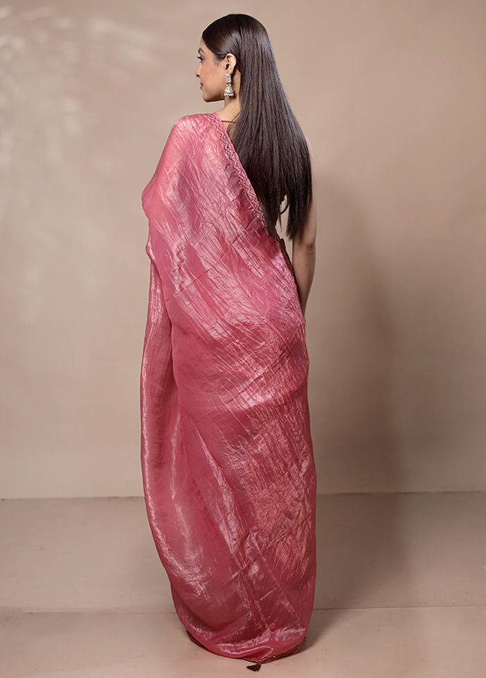 Pink Crushed Tissue Silk Saree With Blouse Piece