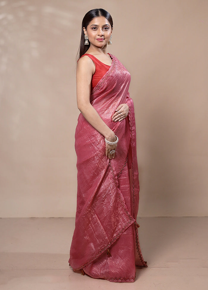 Pink Crushed Tissue Silk Saree With Blouse Piece