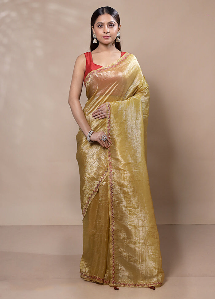 Yellow Crushed Tissue Silk Saree With Blouse Piece