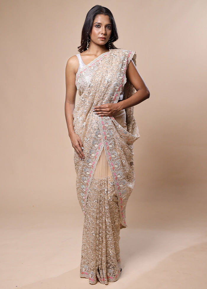 Cream Pure Handloom Jimmy Choo Saree With Blouse Piece