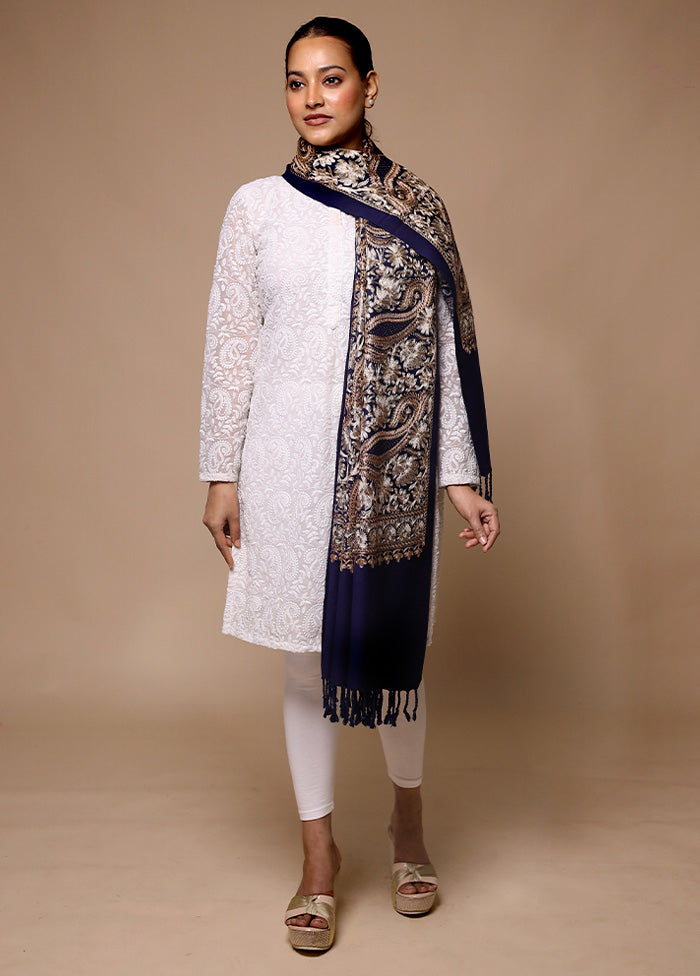 Blue Butta Work With Zari Woven Border Shawl