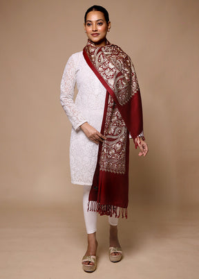 Maroon Butta Work With Zari Woven Border Shawl