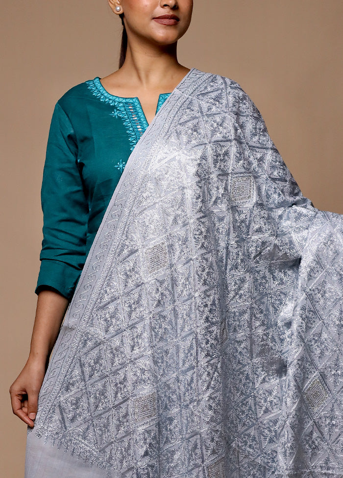 Grey Butta Work With Zari Woven Border Shawl