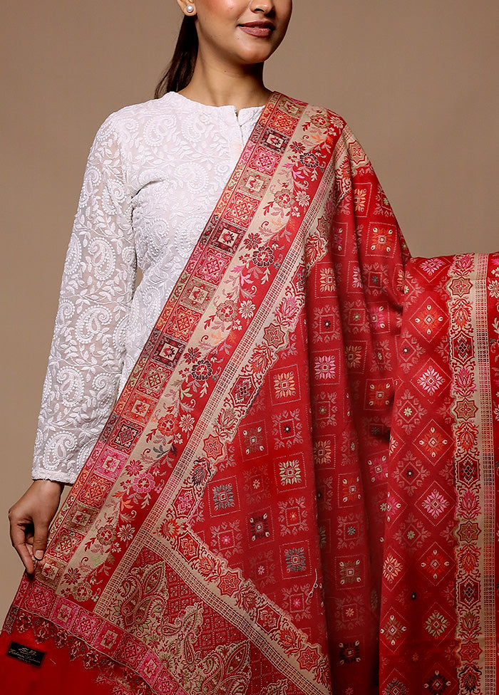 Red Butta Work With Zari Woven Border Shawl