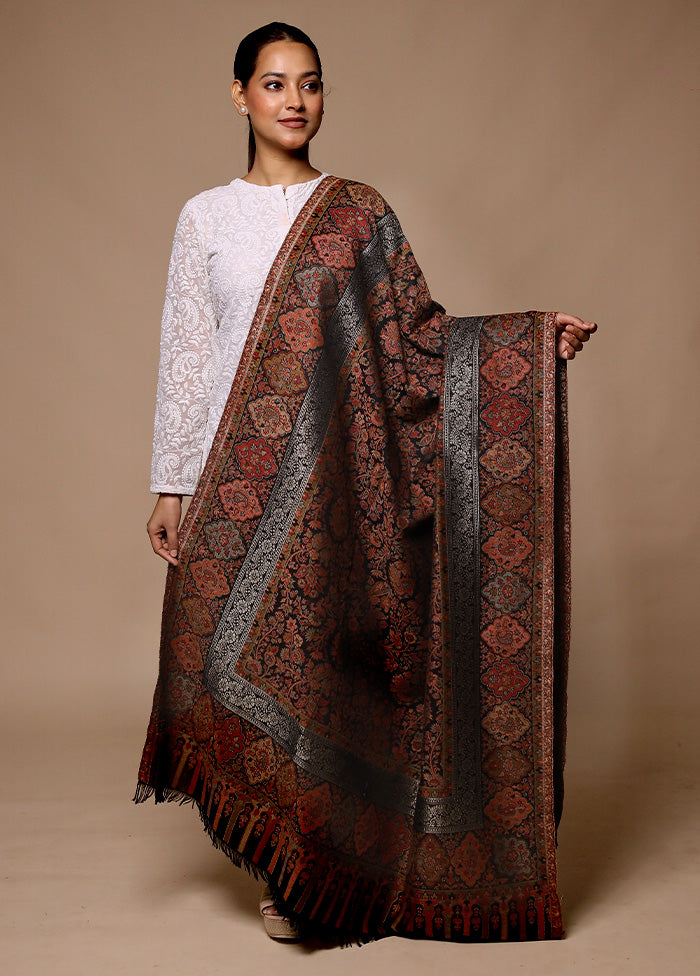 Black Butta Work With Zari Woven Border Shawl