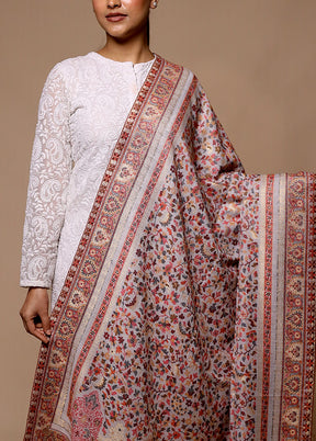 Cream Butta Work With Zari Woven Border Shawl