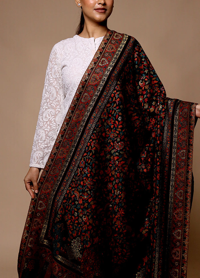 Black Butta Work With Zari Woven Border Shawl