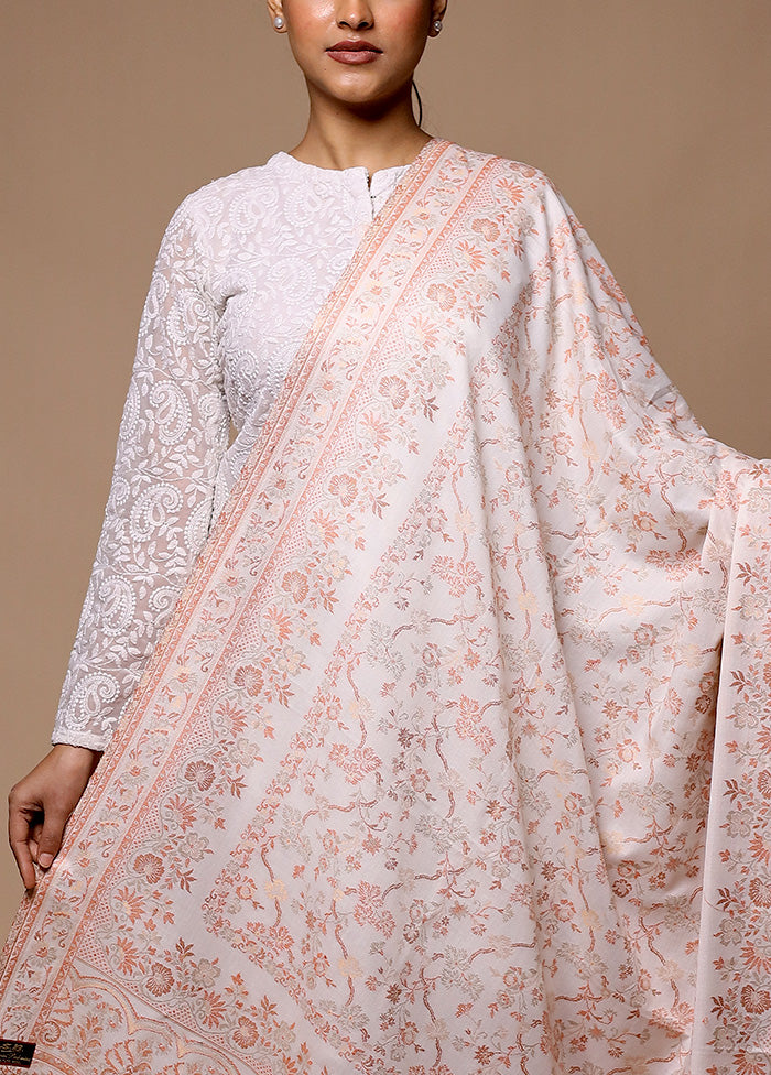 White Butta Work With Zari Woven Border Shawl