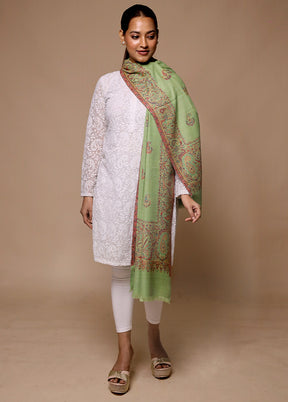 Green Butta Work With Zari Woven Border Shawl