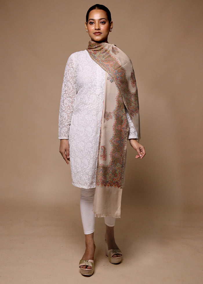 Cream Butta Work With Zari Woven Border Shawl