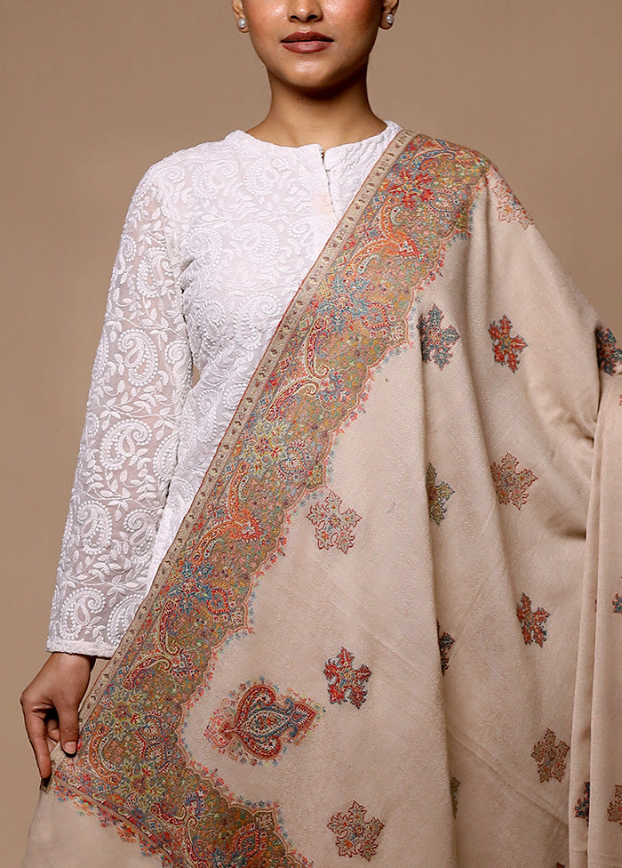 Cream Butta Work With Zari Woven Border Shawl