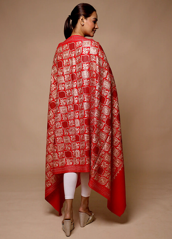 Red Butta Work With Zari Woven Border Shawl