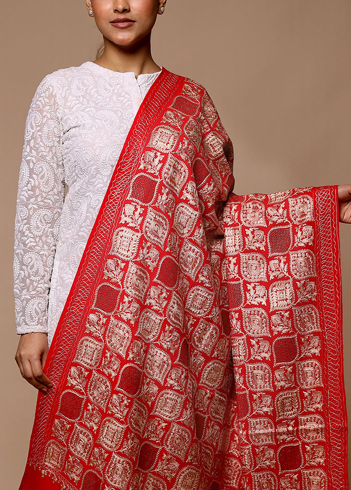 Red Butta Work With Zari Woven Border Shawl