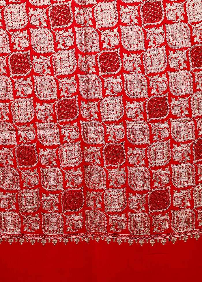 Red Butta Work With Zari Woven Border Shawl