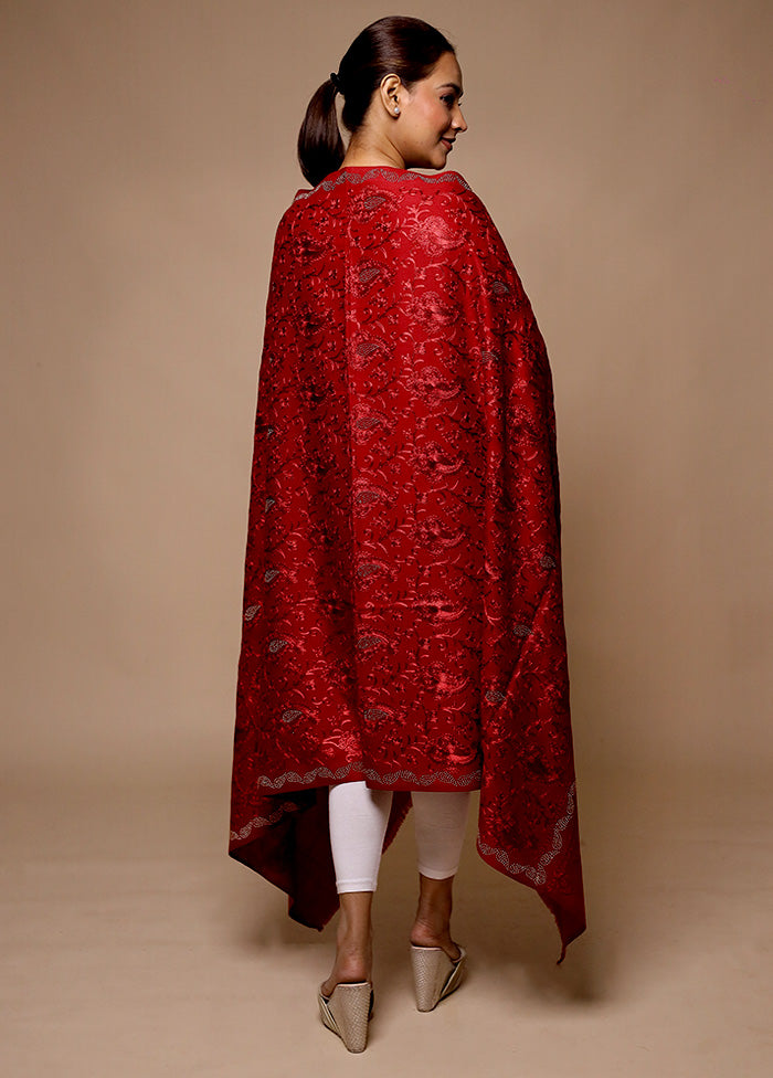 Red Butta Work With Zari Woven Border Shawl