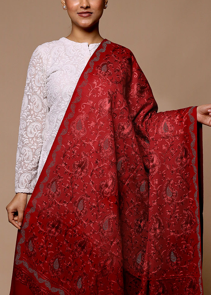 Red Butta Work With Zari Woven Border Shawl