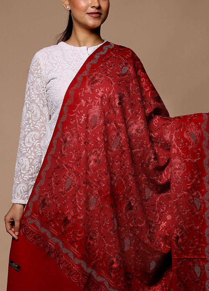 Red Butta Work With Zari Woven Border Shawl