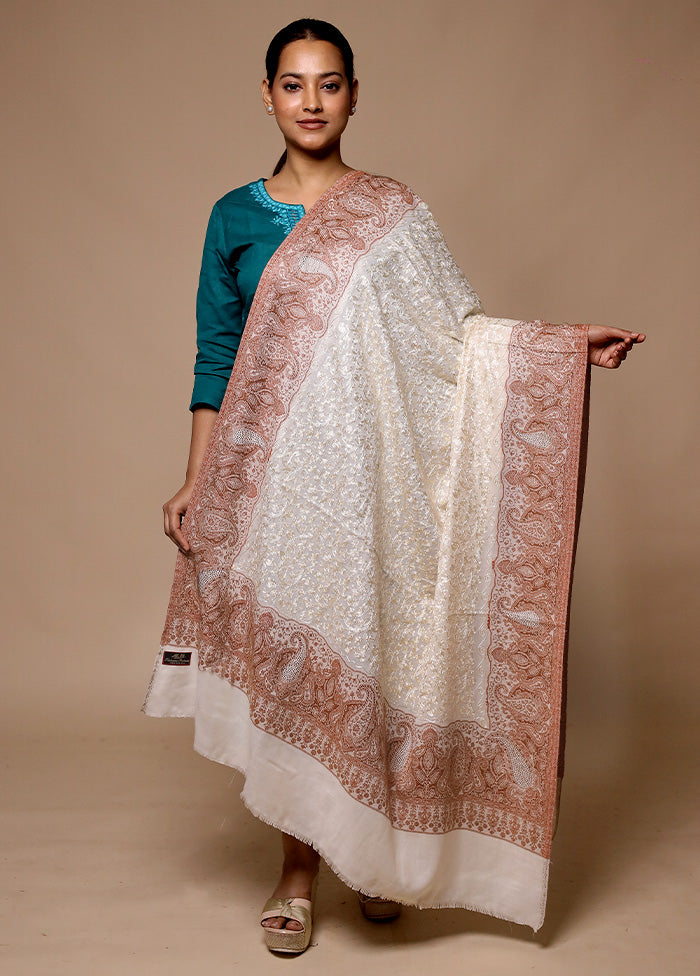 White Butta Work With Zari Woven Border Shawl